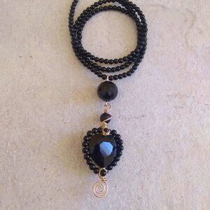 Sexy Black Heart Glam Necklace ~ Wire Wrapped & Beaded! Breaking Hearts 4 Sure!